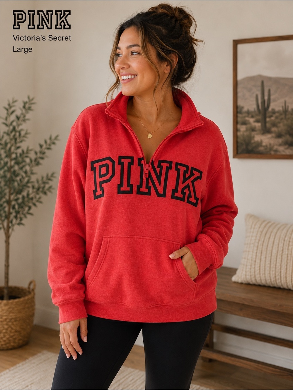PINK Victoria's Secret Fleece Pullover in Vibrant Orangeish red LARGE